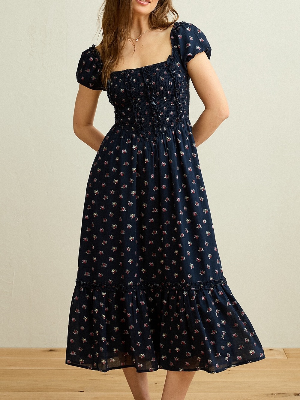 Navy Floral Smocked Midi Dress - Women's